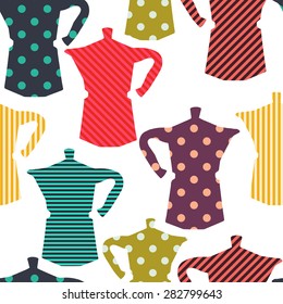 Tiling seamless pattern with colorful coffee maker silhouettes. Hand drawn doodle coffee background.
