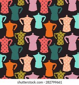 Tiling seamless pattern with colorful coffee maker silhouettes. Hand drawn doodle coffee background.