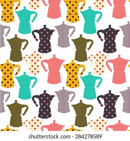 Tiling seamless pattern with colorful coffee maker silhouettes. Hand drawn doodle coffee background.