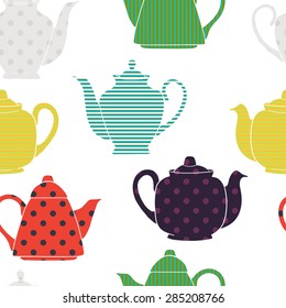 Tiling seamless pattern with colorful coffee and teapot silhouettes. Hand drawn doodle afternoon tea background. - Shutterstock ID 285208766