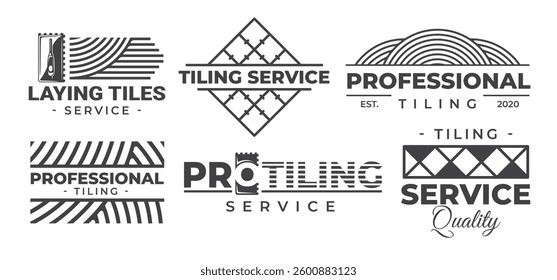 Tiling set of logos isolated on white background. Vintage labels of interior design of house, apartment, office. Vector illustrations of tiling service