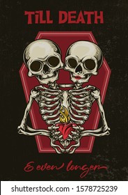 "Till death and even longer" - greeting card design. Colorful handcrafted vector illustration in engraving technique of two headed skeleton with sacred heart in his hands. 