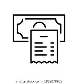 Till receipt and banknote thin line icon isolated on white. Shopping bill, money, purchase price outline pictogram. Confirmation of payment, paid invoice vector element for infographic, web.
