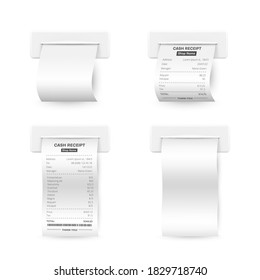 Till receipts and white empty printed templates realistic set. Sales financial confirmation blanks. Shopping bills coming out of cash register mockups. Vector isolated collection.