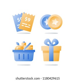 Till Slip And Full Grocery Basket, Loyalty Program, Redeem Reward Gift, Present Box, Earn Bonus Points, Collect Tokens, Supermarket Special Offer, Consumption Incentive, Vector Flat Icon