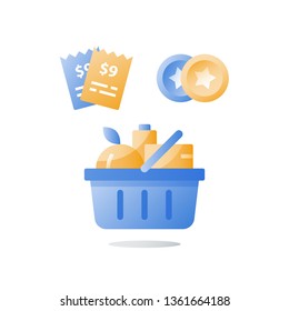 Till slip and full grocery basket, loyalty program, earn bonus points, collect tokens, supermarket special offer, consumption incentive concept, vector icon, flat illustration