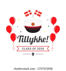 Tillykke! (Danish Translation; " Congratulations! ") graduation card vector illustration. Danish graduation cap with balloons