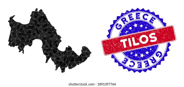 Tilos Greek Island map polygonal mesh with filled triangles, and textured bicolor stamp print. Triangle mosaic Tilos Greek Island map with mesh vector model, triangles have randomized sizes,