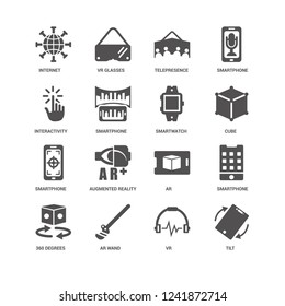 Tilt, Smartphone, Internet, Vr glasses, Ar, Augmented reality, icon 16 set EPS 10 vector format. Icons optimized for both large and small resolutions.