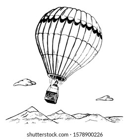 Tilted air balloon flying in the sky with clouds over hills and mountains. Linear isolated vector sketch on white background. Hand drawn illustration with space for text. Journey or tourism concept.