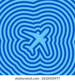 Tilted airplane silhouette with dynamic concentric blue ripple background. Vector illustration.