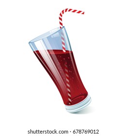 Tilted cola glass with cocktail straw. Vector illustration.