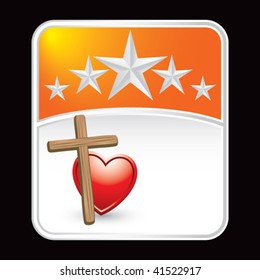 cruz inclinada y corazón sobre fondo de estrella naranja
