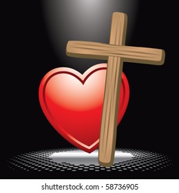 tilted cross and heart under spotlight