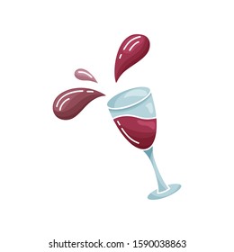 Tilted glass with wine and flying splashes. Cutout flat image. Hand drawn vector drink concept. Color illustration of red wine. Set of isolated icons on white background