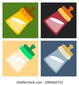 tilted kids bottle of milk with nipple in flat style. Baby bottle