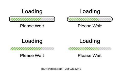 Las líneas inclinadas que cargan por favor esperan el símbolo fijado en color verde. Conjunto de líneas inclinadas que cargan infografías en cuatro estilos diferentes: barra, barra rectangular, barra redondeada, barra rectangular redondeada para el modo de luz.