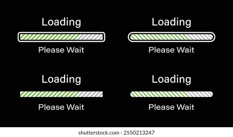 Tilted lines loading please wait symbol set in green color. Set of slant lines loading infographics in four different styles- Bar, Rectangular bar, Rounded bar, Rounded rectangular bar for dark mode.