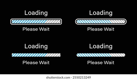 Tilted lines loading please wait symbol set in blue color. Set of slant lines loading infographics in four different styles- Bar, Rectangular bar, Rounded bar, Rounded rectangular bar for dark mode.