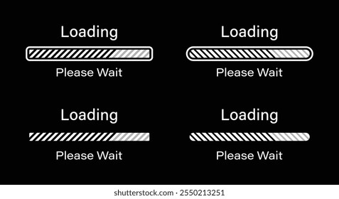 Tilted lines loading please wait symbol set in black color. Set of slant lines loading infographics in four different styles- Bar, Rectangular bar, Rounded bar, Rounded rectangular bar for dark mode.