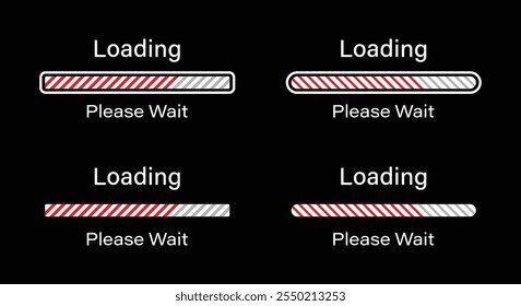 Tilted lines loading please wait symbol set in red color. Set of slant lines loading infographics in four different styles- Bar, Rectangular bar, Rounded bar, Rounded rectangular bar for dark mode.