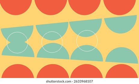 Tilted mint and red semicircles aligned in modern rhythm on pale yellow backdrop.
