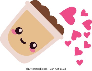 Tilted mocha cup with a happy face spilling pink hearts, symbolizing overflowing affection—great for Valentine, love cards, or romantic designs.
