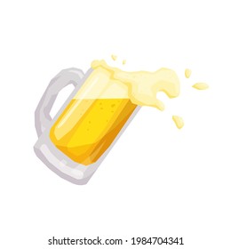Tilter Schlamm von Licht, Lagerbier mit Spritzschaum einzeln auf Weiß. Vektorgrafik für Postkartengrußkarte, Banner, Werbung, Menü, Artikel.