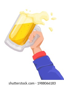Tilted mug of light, lager beer with splashing foam and hand isolated on white. Vector illustration for postcard greeting card, banner, advertising, menu, articles.