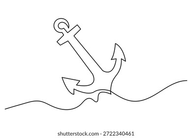 Ancla náutica inclinada que descansa en la línea de agua que fluye, conveniente para la marca marina dinámica, carteles de la vela, logotipos del yate, Mercancía costera del estilo de vida, impresiones de la decoración del océano, y diseños temáticos náuticos minimalistas