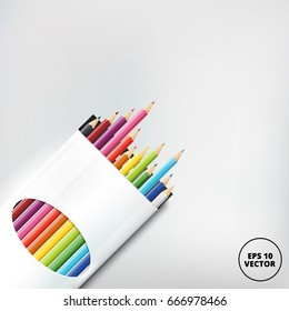 Tilted open box of colored pencils. Vector illustration  