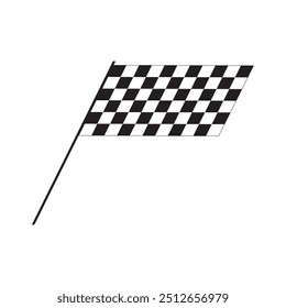 Tilted race flag with checquered black and white pattern. Start or finish symbol on sport car competitions. Rally or motocross props. Victory, trophy or success signs. Vector graphic illustration.