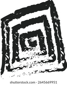 Tilted, rough-edged concentric squares, an abstract and distorted geometric design with a grunge texture, perfect for dynamic and edgy graphic art or modern design elements with a unique perspective	