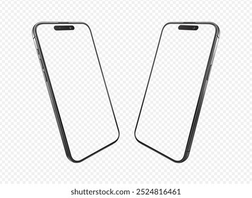 Tilted smartphone mockup with blank screen. Right and left side angled view. Mobile phone device isolated on transparency. Realistic vector illustration.