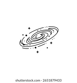 Uma galáxia espiral inclinada mostrada em um estilo de esboço de rabiscar desenhado à mão. Uma ilustração abstrata do universo, cosmos ou espaço exterior.