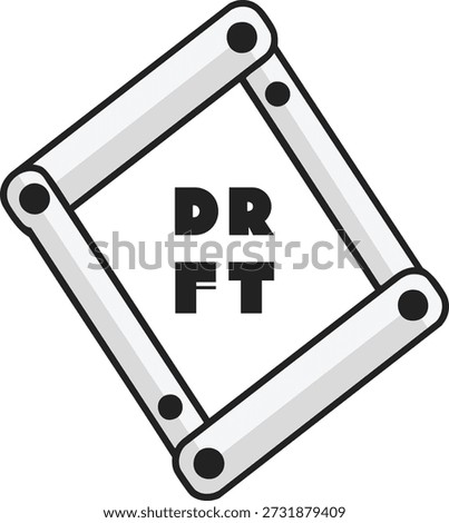 Tilted square frame made of jointed bars with drift text centered in a minimalist mechanical style