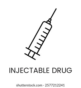 A tilted syringe icon in vector, symbolizing precision in medical injections, with an editable stroke.