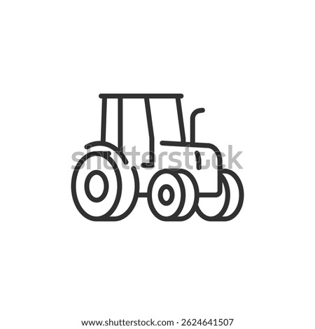 Tilted tractor view, linear icon. Driving perspective, agricultural operation, or motion. Line with editable stroke.