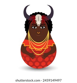 Juguete basculante. El signo del zodiaco es Tauro. Una niña de ascendencia africana con un vestido rojo con cuernos, un cráneo y plumas en la cabeza. Un juguete basculante de diseño moderno para su proyecto empresarial