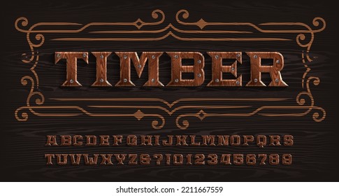 Timber Alphabet Font. Wooden Letters And Numbers With Nails. Stock Vector Typescript For Your Design.