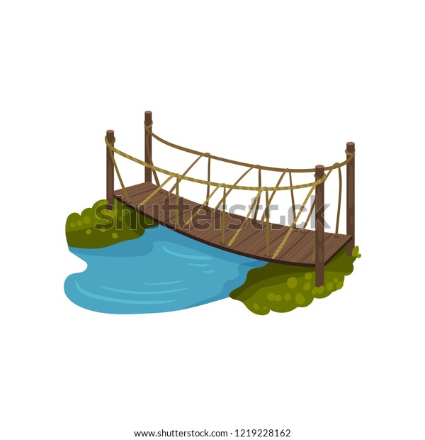 Timber\
bridge with rope railings. Small wooden footbridge over blue river.\
Cartoon landscape element. Flat vector\
design