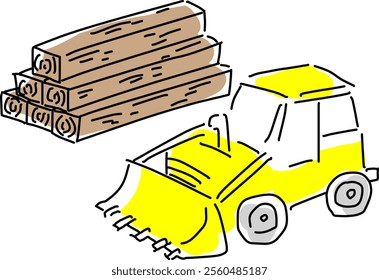 timber and bulldozer rough hand-drawn line drawing vector illustration