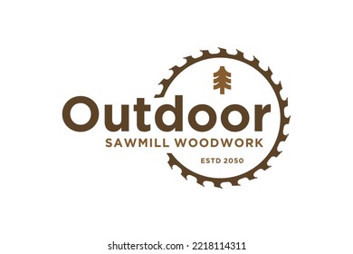 Timber carpentry logo design pine tree with circular saw element simple lumberjack icon symbol logging
