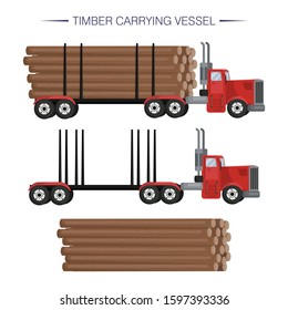 Timber carrying vessel. Special cargo vehicle for timber transportation. Logging operations. Pile of logs. Flat cartoon vector illustration. Set of isolated icons on white background. 