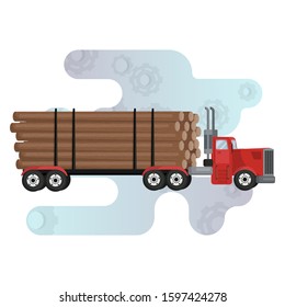 Timber carrying vessel. Special cargo vehicle for timber transportation. Logging operations. Pile of logs. Flat cartoon vector illustration. Icon for production company website, landing page.
