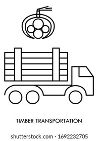 Timber carrying vessel. Special cargo vehicle for timber transportation. Logging operations. Pile of logs. Flat vector icon