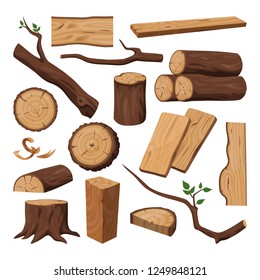 Timber or chopped wooden trunk, wood log and tree twig, lumber branch or carpentry, sawmill material, woodwork plank. Forest and construction, lumbering and forestry, plant theme