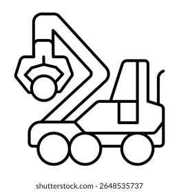 Guindaste de madeira com braço mecânico, conceito da indústria florestal. Gráficos vetoriais. Veículo guindaste com um tronco de árvore, sinal de transporte pesado sobre fundo branco, móvel estilo ou design