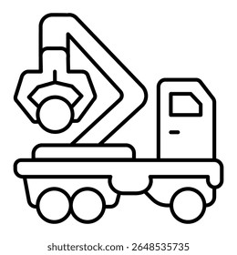 Caminhão-grua de madeira com braço mecânico, conceito da indústria florestal. Gráficos vetoriais. Veículo guindaste com tronco de árvore, sinal de transporte pesado sobre fundo branco, móvel estilo ou design