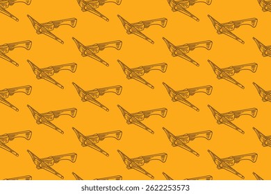 Modelo inconsútil del garabato del arma de la ballesta de madera en el fondo amarillo para la Mercancía de caza. Fondo a distancia del patrón del grabado del arma para la Fondo de pantalla de la ilustración de la eclosión de la ballesta retro
